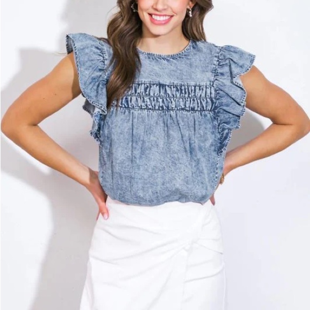 New Flying Tomato Chambray Acid Wash Ruffle Sleeve Top Large 100% Cotton